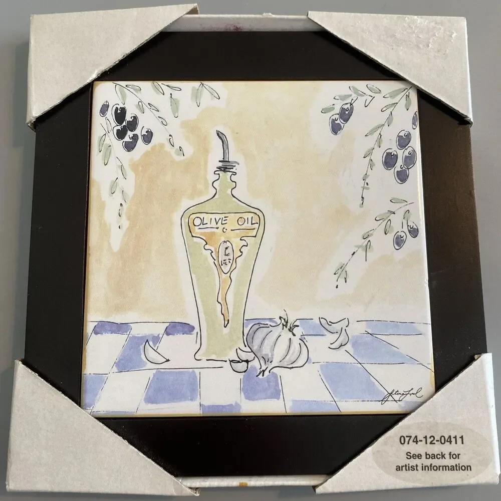 Vtg Sarina Tile Wall Art 8x8 Italian Olive Oil Bottle Kitchen Still Life Decor